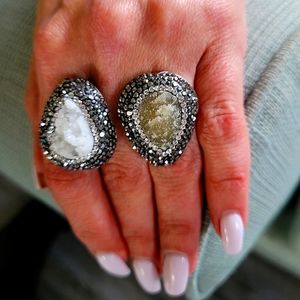Trendy Sophisticated Sexy Druzy Double Ring Swarovski crystals 925 sterling
